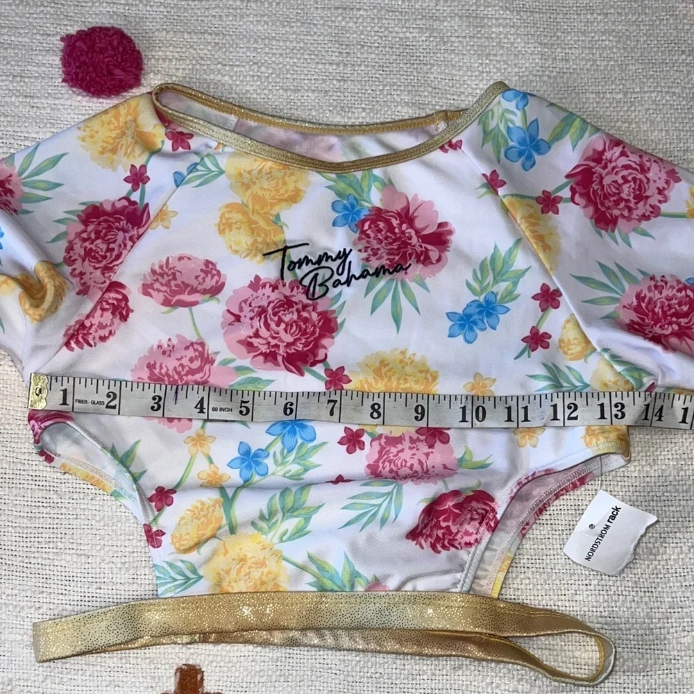 Tommy Bahama 💐 Girls 2-pc Set Sz 14 Floral L/S Rashguard with Gold Trim